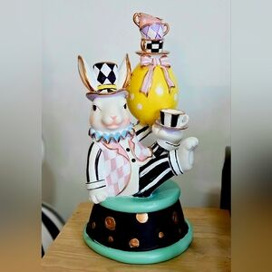 Whimsical Hand-Painted Rabbit, Checkered with Teacups!